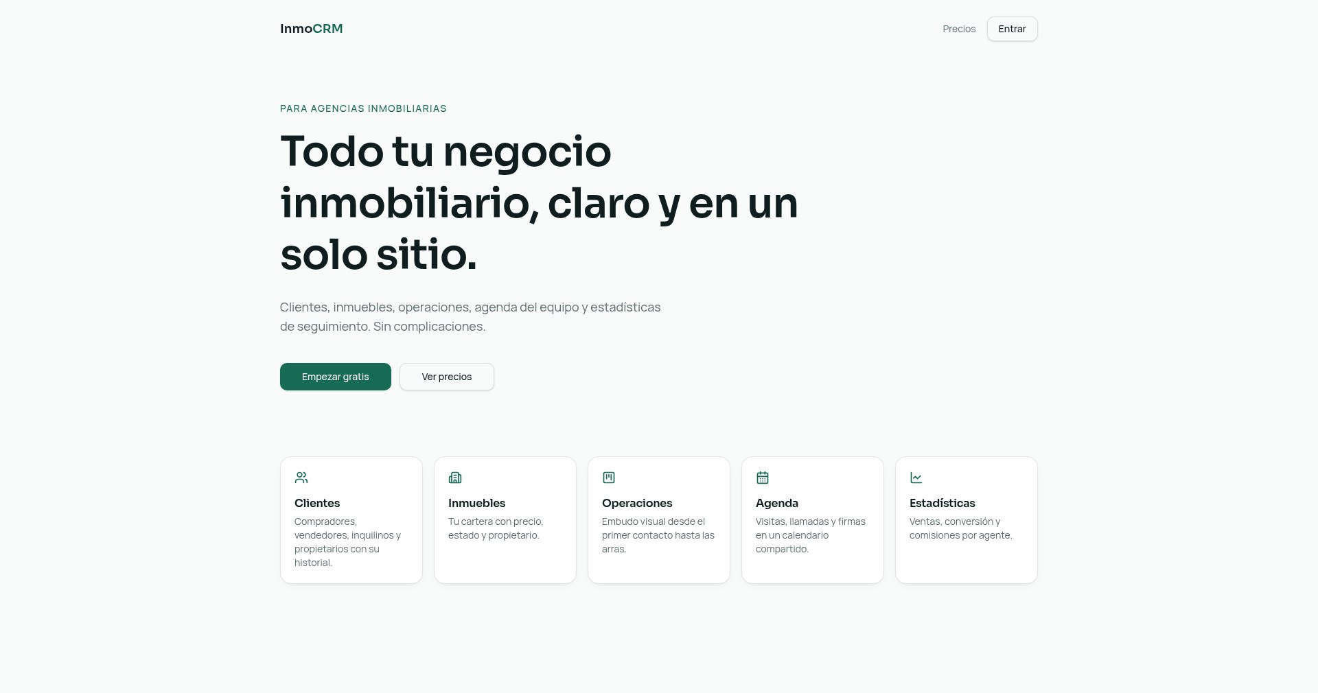 Portada real de InmoCRM, el CRM inmobiliario de Stealth Agency: clientes, inmuebles, operaciones, agenda y estadísticas